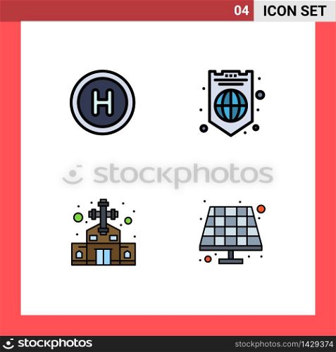 Pack of 4 Modern Filledline Flat Colors Signs and Symbols for Web Print Media such as medical, church, global, shield, battery Editable Vector Design Elements