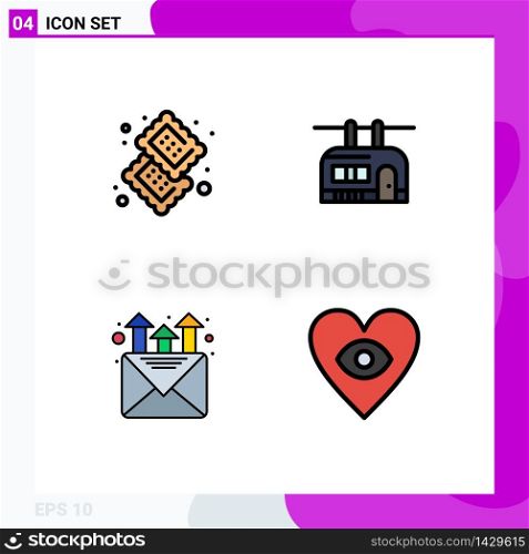 Pack of 4 Modern Filledline Flat Colors Signs and Symbols for Web Print Media such as candy, mail, food, tramway, promotion Editable Vector Design Elements