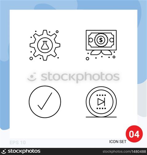 Pack of 4 Modern Filledline Flat Colors Signs and Symbols for Web Print Media such as cog, check, science, certificate, complete Editable Vector Design Elements