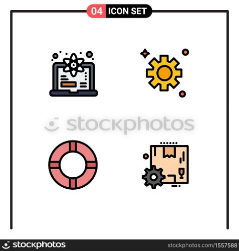Pack of 4 Modern Filledline Flat Colors Signs and Symbols for Web Print Media such as computer, lifebuoy, science, cogs, configuration Editable Vector Design Elements