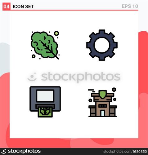 Pack of 4 Modern Filledline Flat Colors Signs and Symbols for Web Print Media such as leaves, money, devices, technology, insurance Editable Vector Design Elements