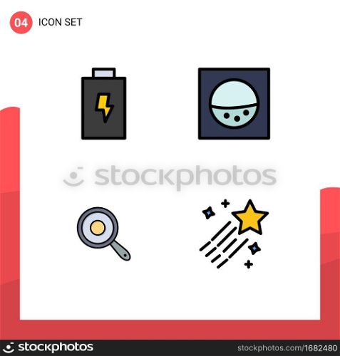 Pack of 4 Modern Filledline Flat Colors Signs and Symbols for Web Print Media such as battery, asteroid, machine, frying, space Editable Vector Design Elements