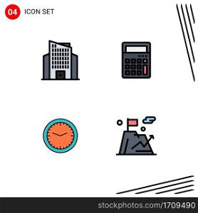 Pack of 4 Modern Filledline Flat Colors Signs and Symbols for Web Print Media such as building, time, calculator, office, watch Editable Vector Design Elements