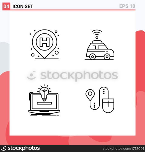 Pack of 4 Modern Filledline Flat Colors Signs and Symbols for Web Print Media such as hospital, idea, sign, map, solution Editable Vector Design Elements