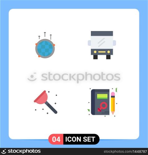 Pack of 4 Modern Flat Icons Signs and Symbols for Web Print Media such as globe, travel, connection, bus, plumber Editable Vector Design Elements