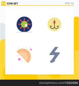 Pack of 4 Modern Flat Icons Signs and Symbols for Web Print Media such as bloody eyeball, food, retina, fishing, celebration day Editable Vector Design Elements