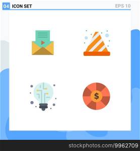 Pack of 4 Modern Flat Icons Signs and Symbols for Web Print Media such as mail, light, video player, stop, coin Editable Vector Design Elements