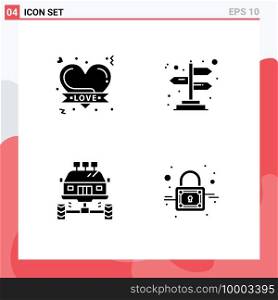 Pack of 4 Modern Solid Glyphs Signs and Symbols for Web Print Media such as badge, car, romantic heart, directions, transport Editable Vector Design Elements