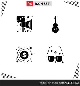 Pack of 4 Modern Solid Glyphs Signs and Symbols for Web Print Media such as advertising, currency, speaker, music, profit Editable Vector Design Elements