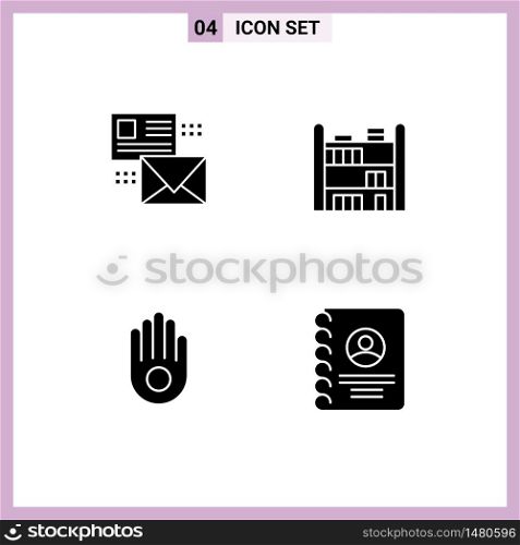 Pack of 4 Modern Solid Glyphs Signs and Symbols for Web Print Media such as mailing, gesture, mail, home, palm Editable Vector Design Elements