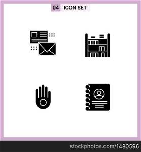 Pack of 4 Modern Solid Glyphs Signs and Symbols for Web Print Media such as mailing, gesture, mail, home, palm Editable Vector Design Elements