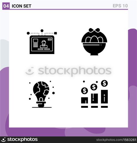 Pack of 4 Modern Solid Glyphs Signs and Symbols for Web Print Media such as interface, green, layout, egg, light bulb Editable Vector Design Elements