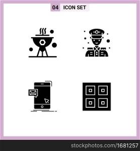 Pack of 4 Modern Solid Glyphs Signs and Symbols for Web Print Media such as bbq, instant, dinner, police security, message Editable Vector Design Elements