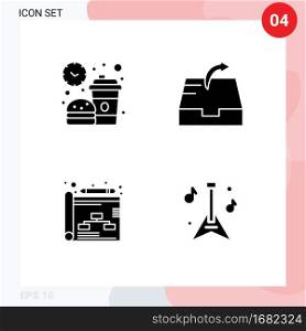 Pack of 4 Modern Solid Glyphs Signs and Symbols for Web Print Media such as break, planning, lunch, mailbox, guitar Editable Vector Design Elements