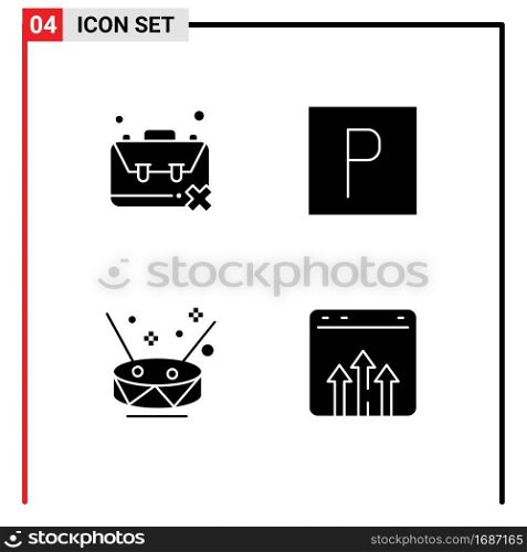 Pack of 4 Modern Solid Glyphs Signs and Symbols for Web Print Media such as idleness, instruments, problem, parking, party Editable Vector Design Elements