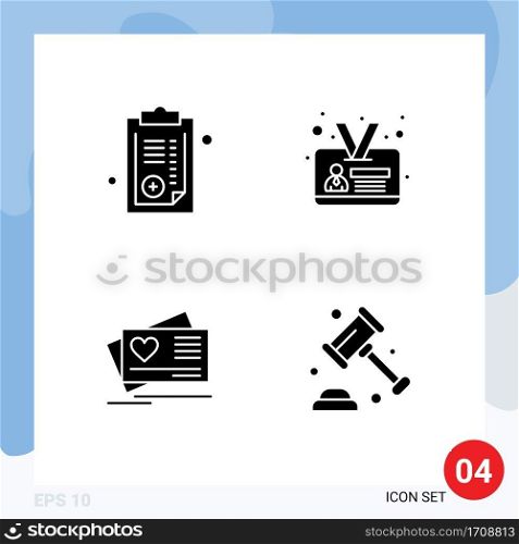 Pack of 4 Modern Solid Glyphs Signs and Symbols for Web Print Media such as document, heart, prescription, identity card, insurance Editable Vector Design Elements