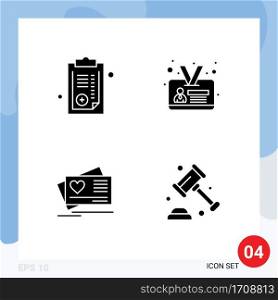 Pack of 4 Modern Solid Glyphs Signs and Symbols for Web Print Media such as document, heart, prescription, identity card, insurance Editable Vector Design Elements