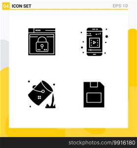 Pack of 4 Modern Solid Glyphs Signs and Symbols for Web Print Media such as login, bucket, layout, mobile app, colour Editable Vector Design Elements