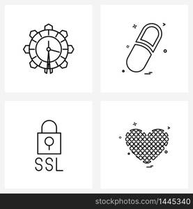 Pack of 4 Universal Line Icons for Web Applications clock, security, minutes, body part, sad Vector Illustration