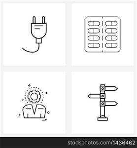Pack of 4 Universal Line Icons for Web Applications electric, gear, power plug, medical pill, setting Vector Illustration