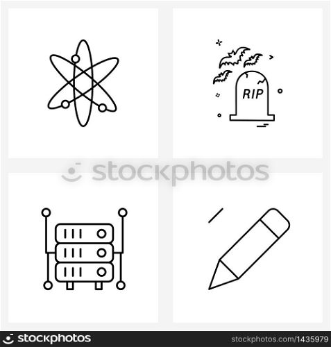 Pack of 4 Universal Line Icons for Web Applications nuclear; database; science; bats; pencil Vector Illustration