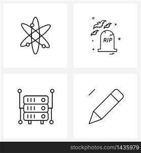 Pack of 4 Universal Line Icons for Web Applications nuclear; database; science; bats; pencil Vector Illustration