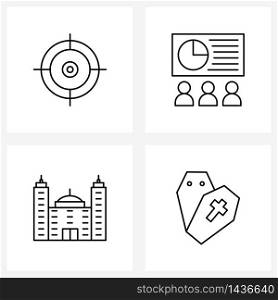 Pack of 4 Universal Line Icons for Web Applications target; building; business; presentation; city Vector Illustration