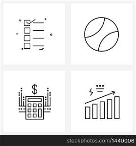 Pack of 4 Universal Line Icons for Web Applications to-do list, computing, text, tennis, chart Vector Illustration