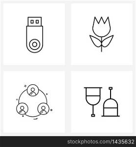 Pack of 4 Universal Line Icons for Web Applications usb, group, bloom, nature, hospital Vector Illustration
