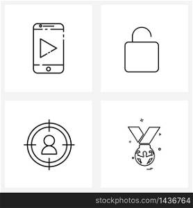 Pack of 4 Universal Line Icons for Web Applications video; medal; unlock; headshot; sports Vector Illustration