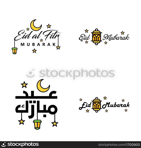 Pack of 4 Vector of Arabic Calligraphy Text with Moon And Stars of Eid Mubarak for the Celebration of Muslim Community Festival