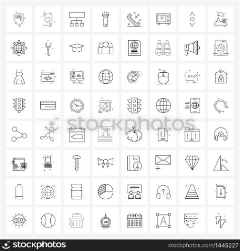 Pack of 64 Universal Line Icons for Web Applications connect, call, networking, phone, torch Vector Illustration