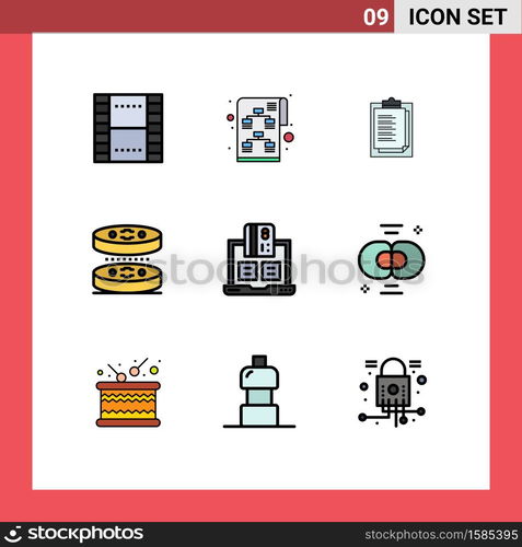 Pack of 9 creative Filledline Flat Colors of banking, laboratory, start up, biology, presentation Editable Vector Design Elements