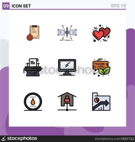 Pack of 9 creative Filledline Flat Colors of computer, print, structure, marketing, thanks day Editable Vector Design Elements