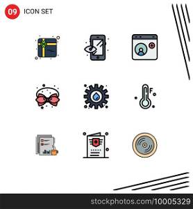Pack of 9 creative Filledline Flat Colors of gear, ribbon, help, decoration, bow Editable Vector Design Elements