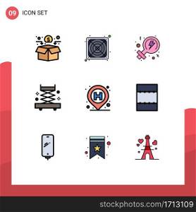 Pack of 9 creative Filledline Flat Colors of layout, pin, power, location, tools Editable Vector Design Elements