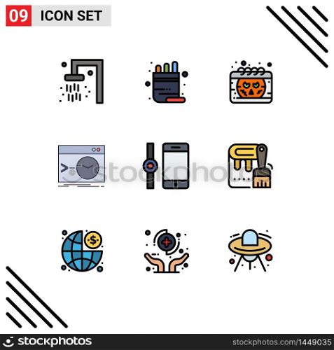 Pack of 9 creative Filledline Flat Colors of smart watch, terminal, date, software, command Editable Vector Design Elements