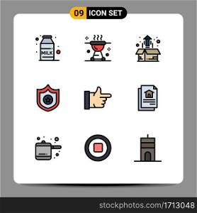 Pack of 9 creative Filledline Flat Colors of thumbs up, shield, box, sheriff, product growth Editable Vector Design Elements
