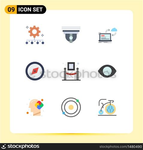 Pack of 9 creative Flat Colors of art, direction, cam, compass, dashboard Editable Vector Design Elements