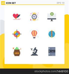 Pack of 9 creative Flat Colors of balloon, aim, watch, target, gadget Editable Vector Design Elements