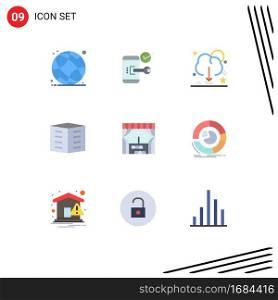 Pack of 9 creative Flat Colors of city building, apartments, phone, server, download Editable Vector Design Elements