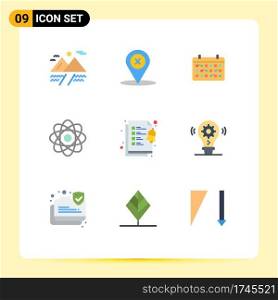 Pack of 9 creative Flat Colors of clipboard, laboratory, date, chemistry, atom Editable Vector Design Elements