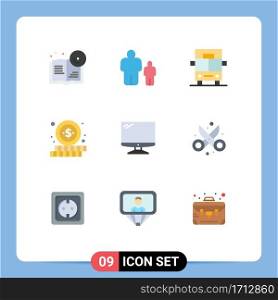 Pack of 9 creative Flat Colors of imac, monitor, bus, computer, shopping Editable Vector Design Elements