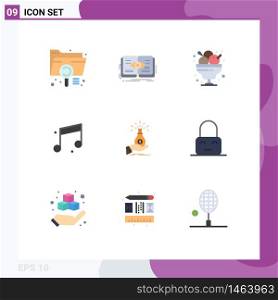 Pack of 9 creative Flat Colors of sound, audio, view, restaurant, food Editable Vector Design Elements