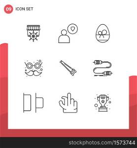 Pack of 9 creative Outlines of bade, saw, gift, moustache, carnival Editable Vector Design Elements