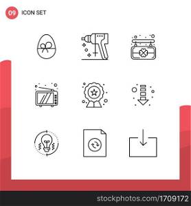 Pack of 9 creative Outlines of badge, quality, board, device, television Editable Vector Design Elements