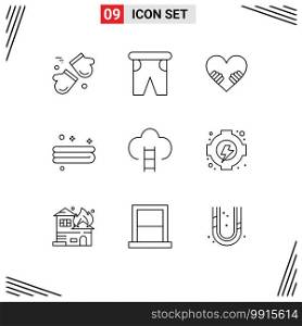 Pack of 9 creative Outlines of badges, towel, swimming, cleaning, valentine Editable Vector Design Elements