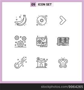 Pack of 9 creative Outlines of book, design, forward, adaptive, office Editable Vector Design Elements