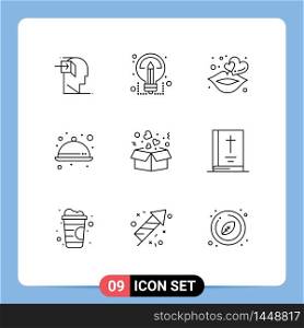 Pack of 9 creative Outlines of box, meal, sharing, kitchen, romance Editable Vector Design Elements