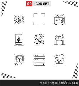 Pack of 9 creative Outlines of buds, mobile, mask, start, game Editable Vector Design Elements